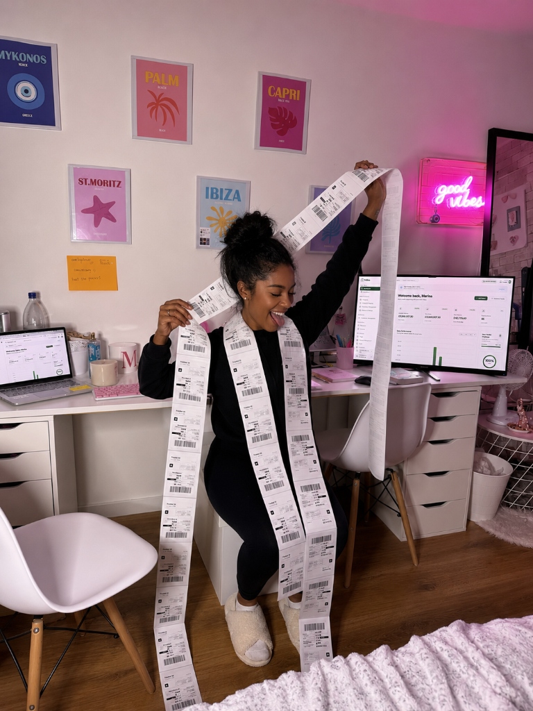 Woman holding long shipping receipts