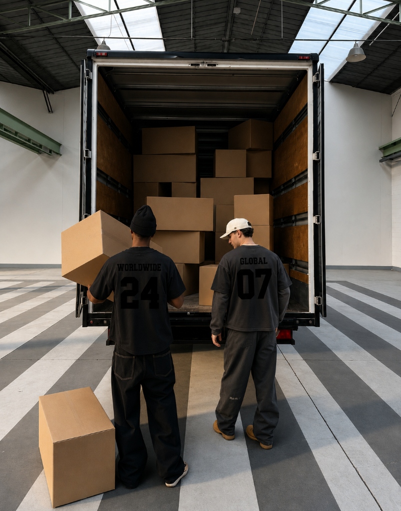 Two packers loading Nile logistics truck with boxes
